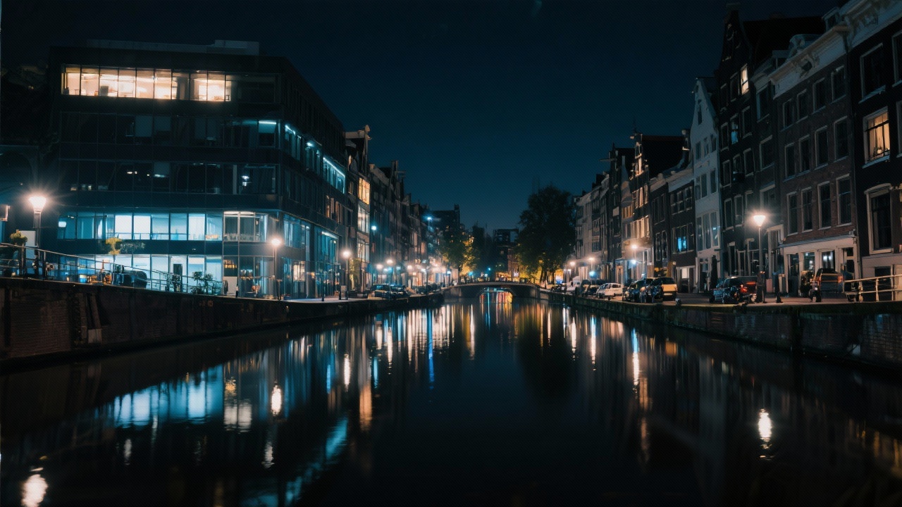 Night view of Amsterdam canals with modern office lights reflecting on water, symbolizing innovative digital marketing work rooted in the Netherlands.