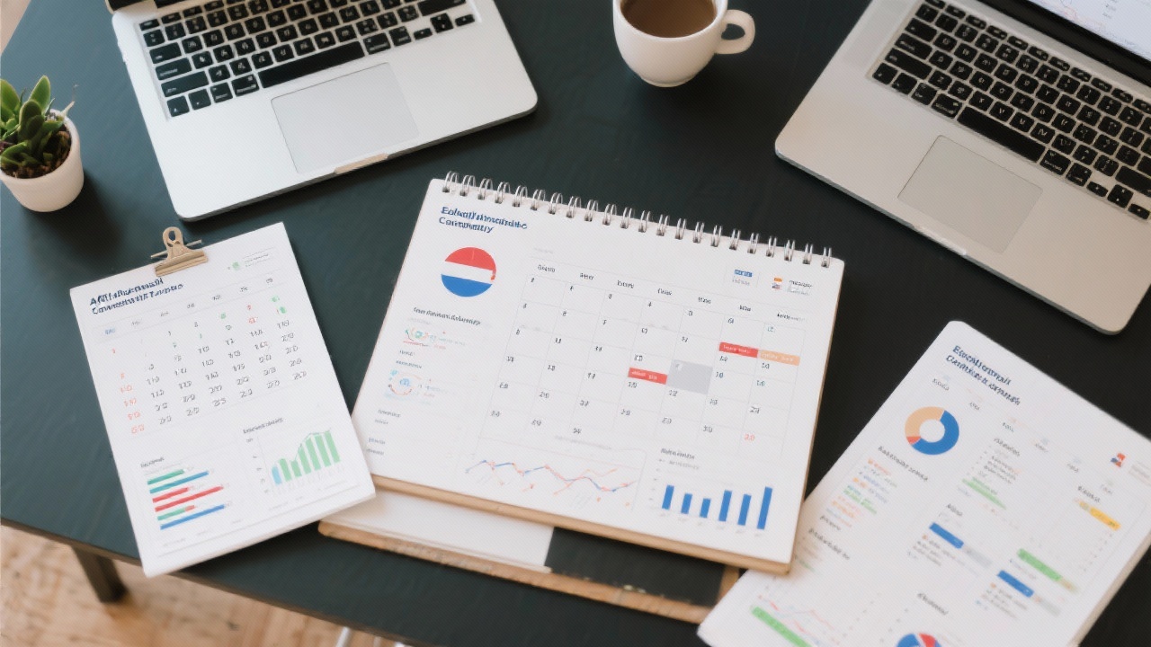 Top-down view of planners and laptops showing editorial calendars, analytics, and Dutch campaign milestones for affiliate content creation.