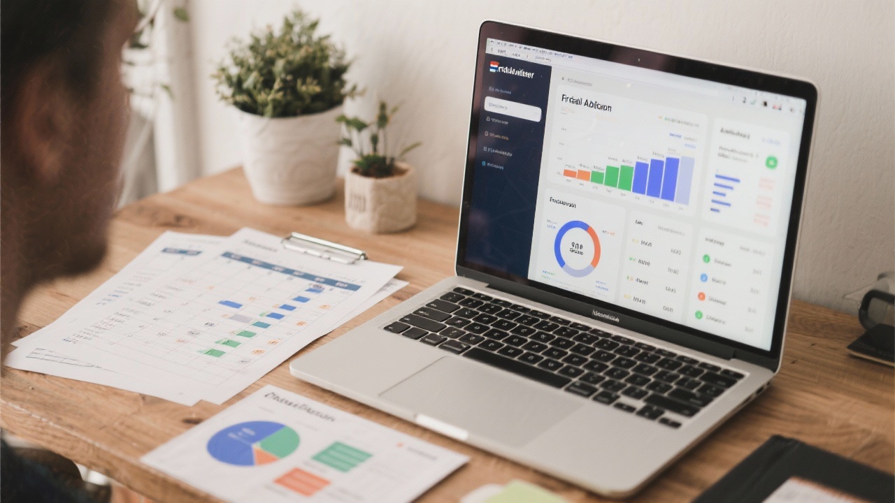 Freelancer workspace with laptop displaying Dutch affiliate dashboards, printed schedules, and localized marketing plans supporting steady monetization growth.