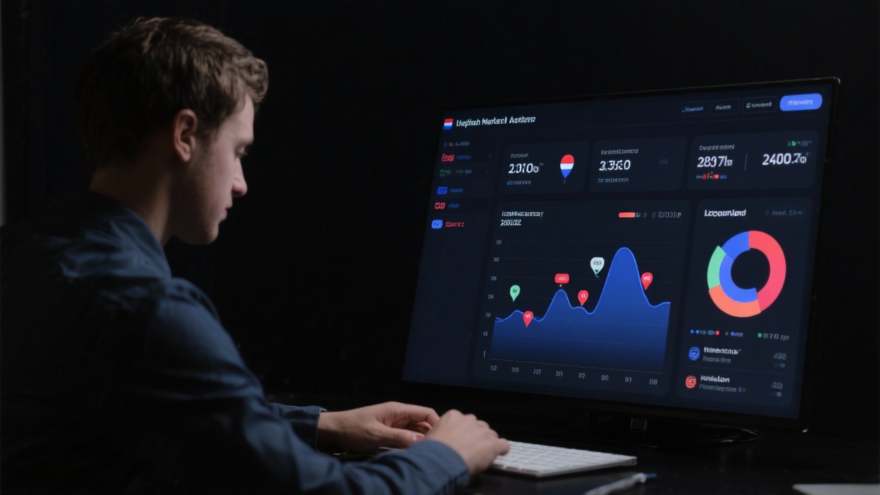 Minimalistic dark interface showing Dutch marketing analyst reviewing affiliate dashboards with charts, revenue trends, and localization markers to plan scalable partnerships for Netherlands-based freelancers.