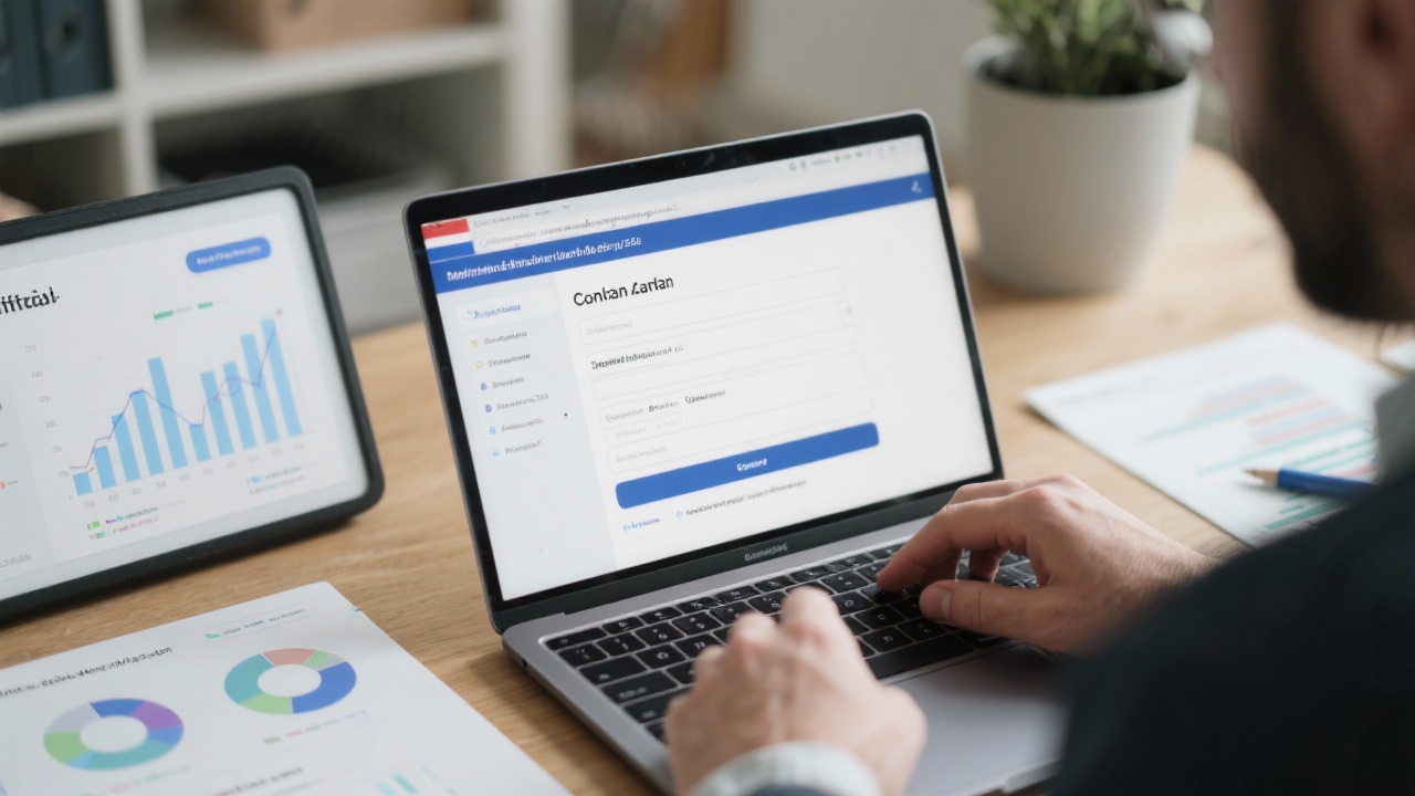 Person filling out a detailed contact form on a laptop with Dutch language interface and affiliate performance charts nearby on the desk.
