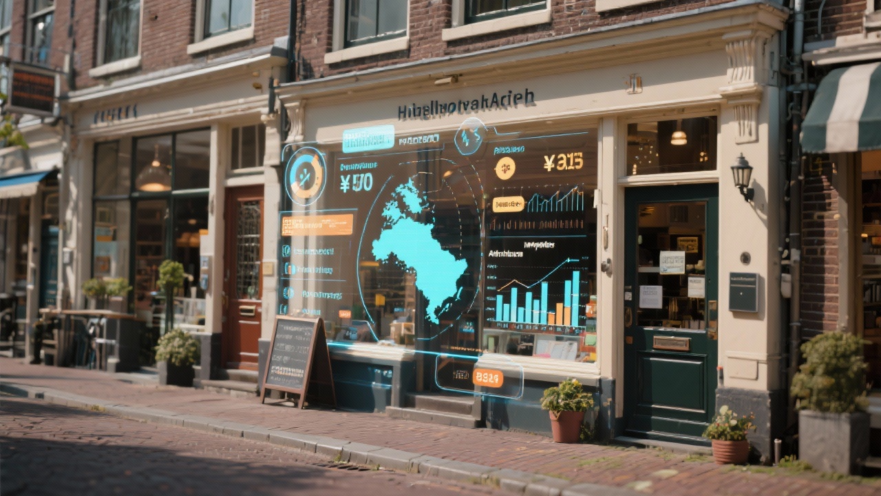 Detailed scene of small Dutch storefronts with digital overlays illustrating campaign metrics, partner payouts, and region-based audience insights for local affiliate marketing analysis.