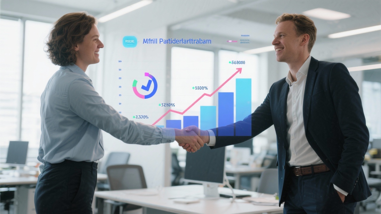 Two Dutch professionals shaking hands in a modern office with overlayed affiliate performance charts and partnership milestones illustrating collaborative growth.