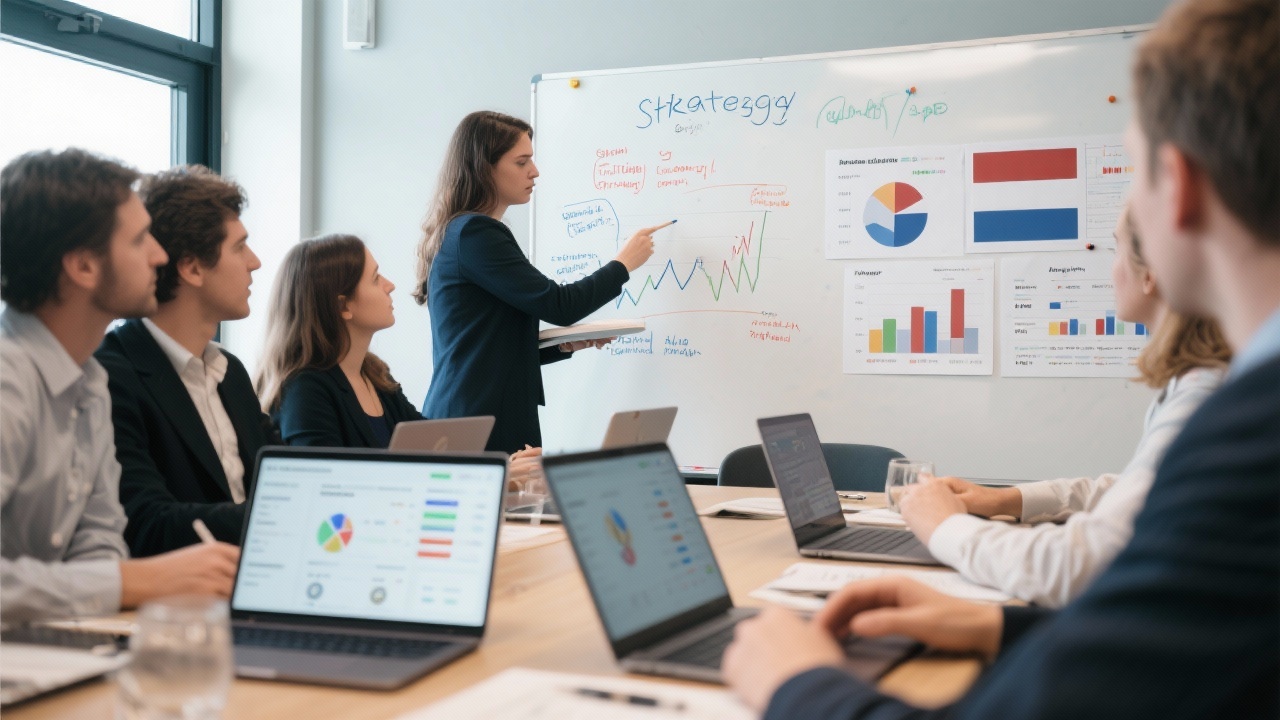 Strategic workshop session with whiteboard planning, Dutch market charts, and laptops open to affiliate performance dashboards during a collaborative meeting.